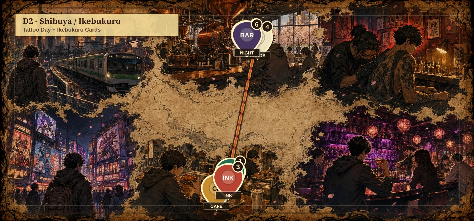 Tattoo Day + Ikebukuro Cards stylized map with 6 geographically placed itinerary pins